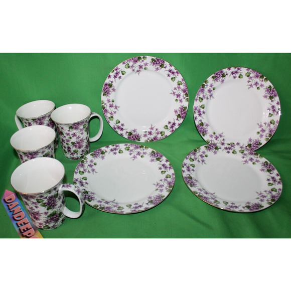8 Piece Violets Purple Floral Grace's Teaware 4 Mugs 4 Plates Tea Coffee Serving - Picture 1 of 13
